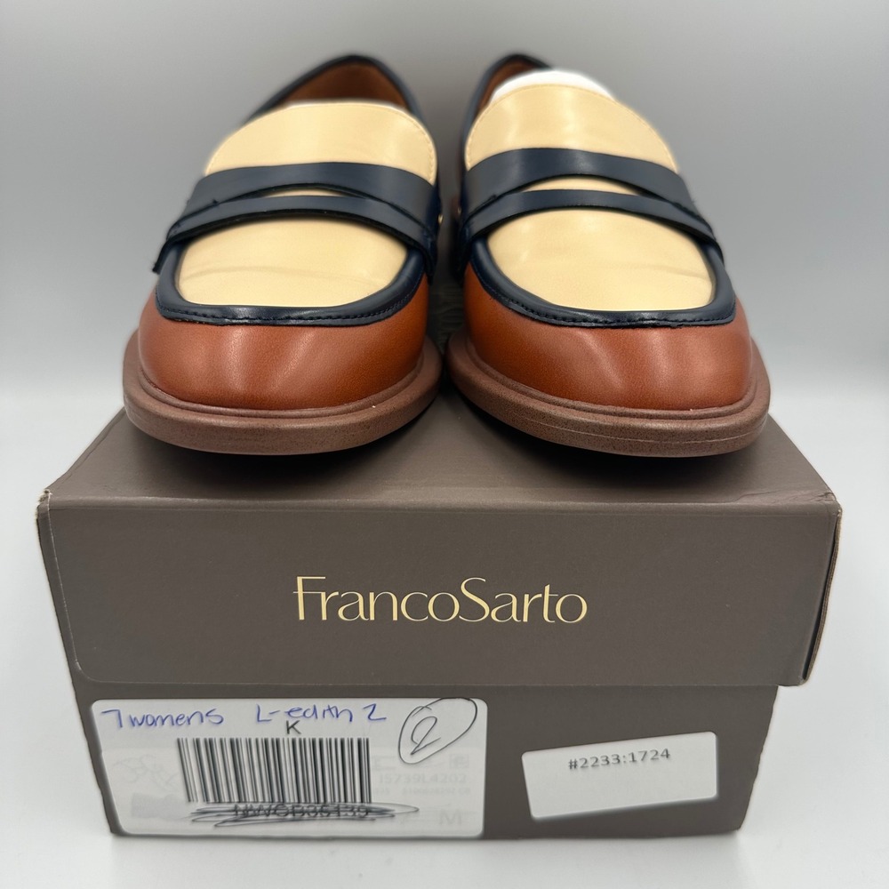 Franco Sarto Edith 2 Loafers Sz 7 Colorblock Preppy Luxe Officecore Brown Navy - Picture 4 of 12
